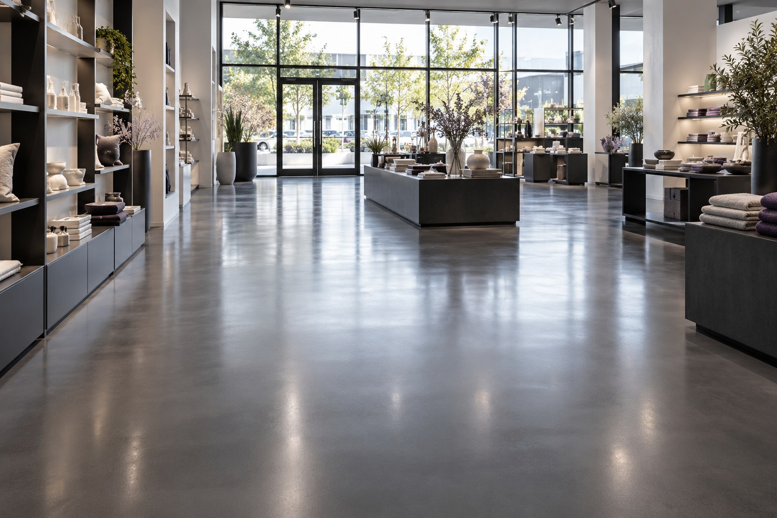 Illustrative commercial showroom with satin graphite epoxy flooring