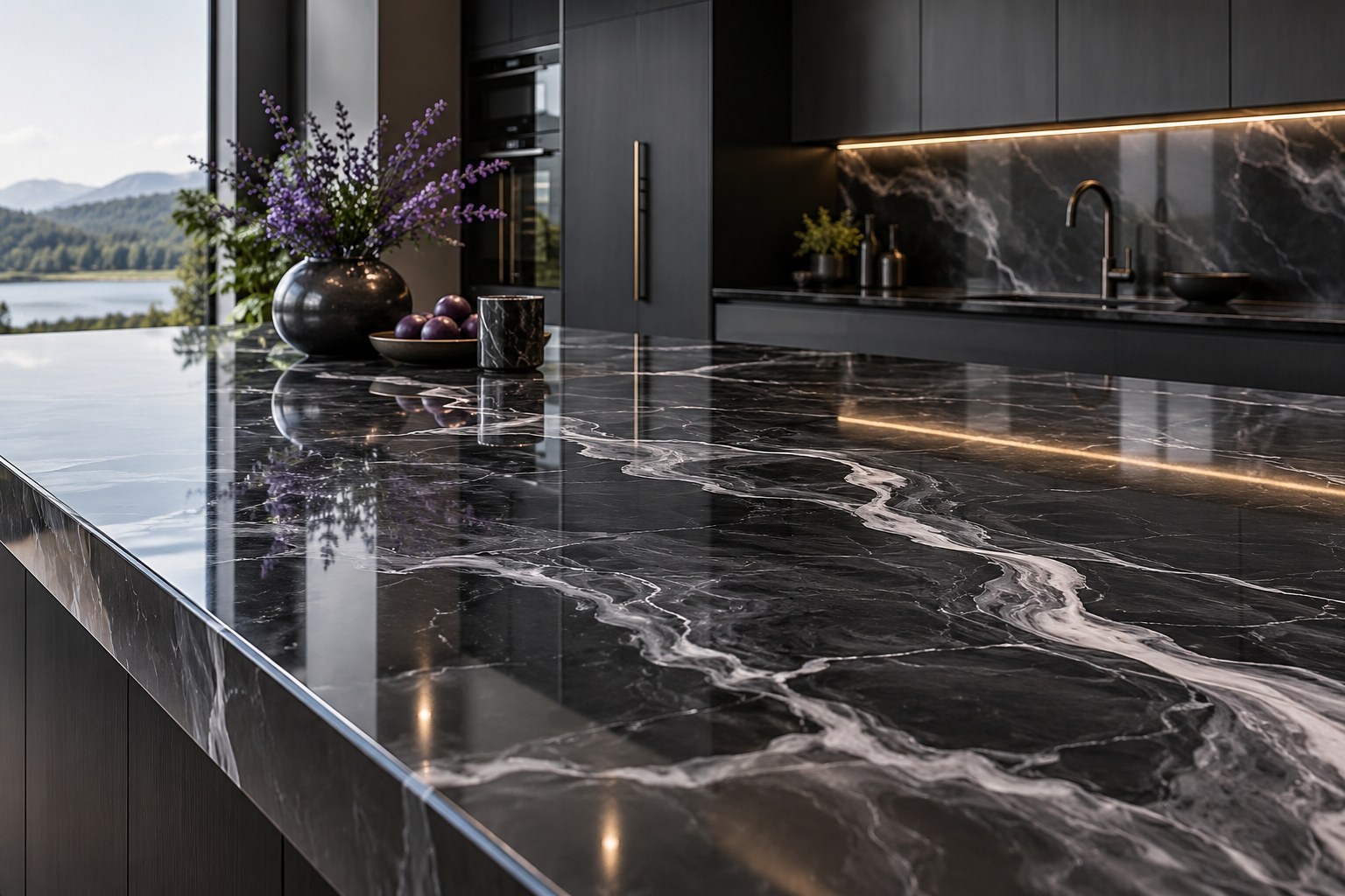 Illustrative kitchen island with a charcoal resin countertop and white veining