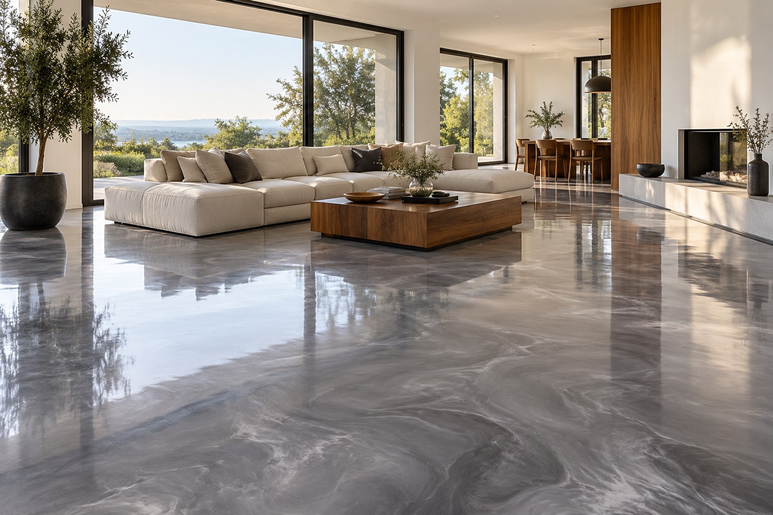Illustrative living room with silver metallic epoxy flooring