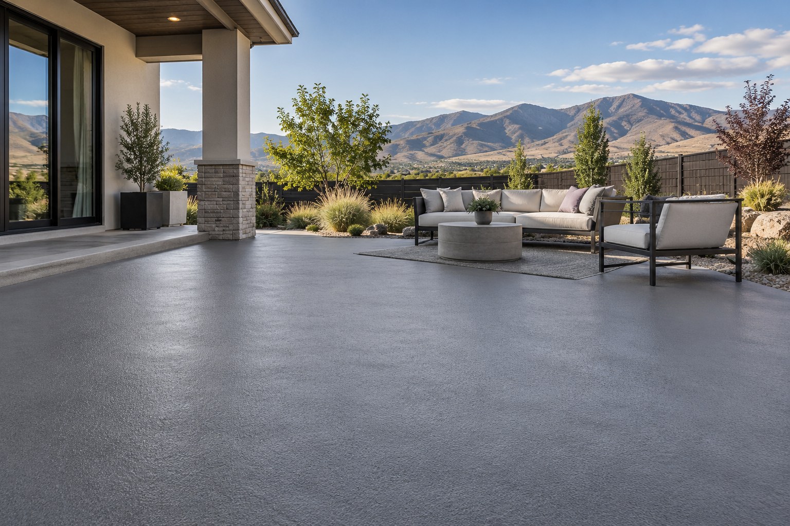Illustrative backyard patio with a textured gray exterior concrete coating